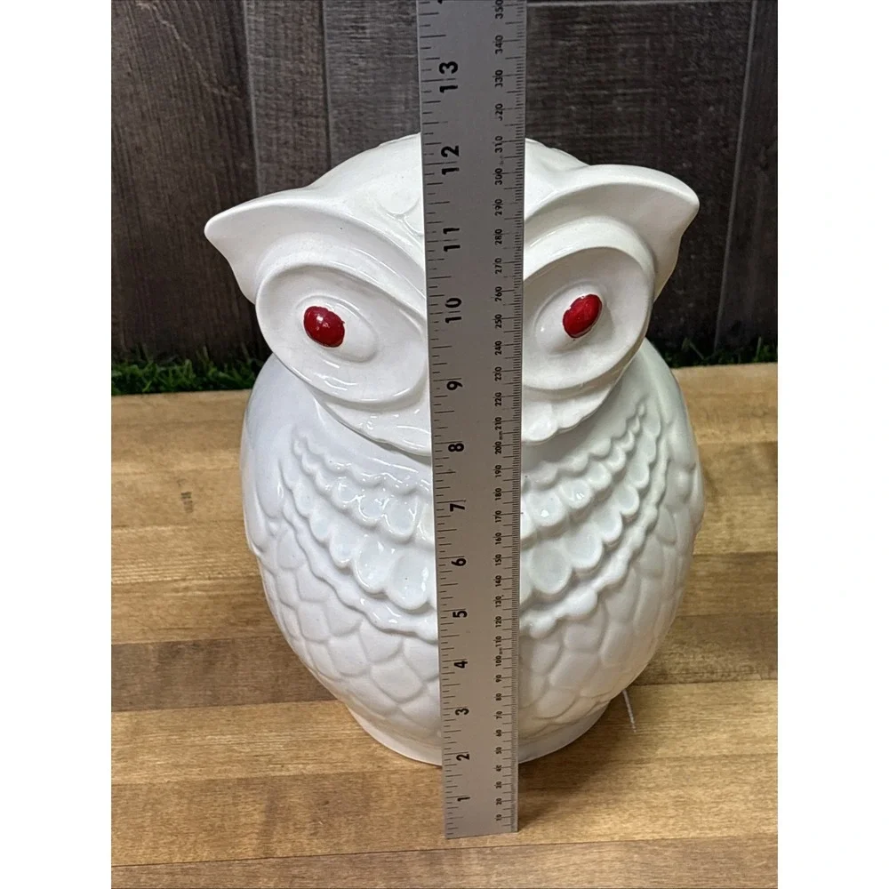 Vintage 1940s American Bisque Owl Cookie Jar Ivory Red Eyes Mid Century